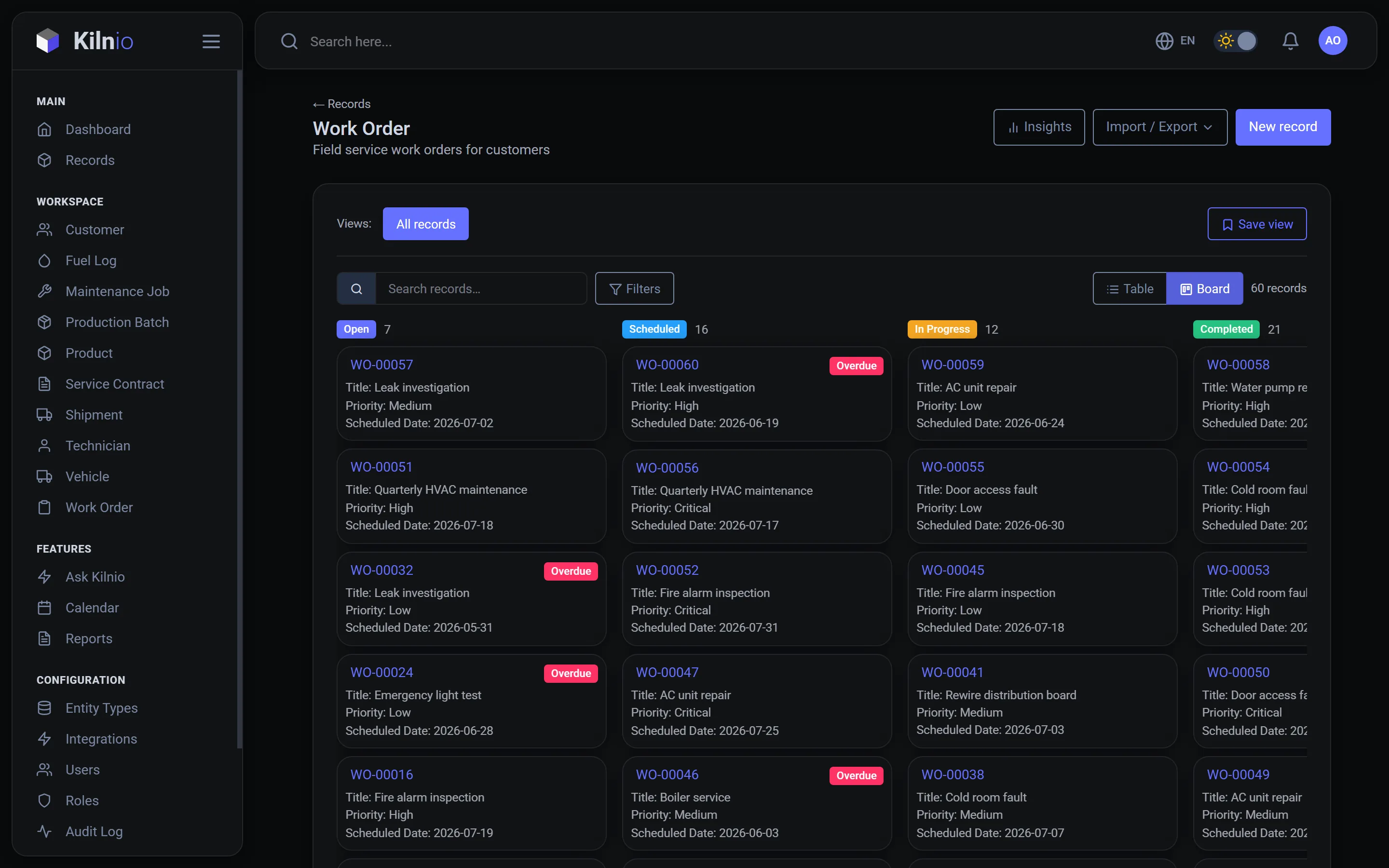Work order kanban board in Kilnio
