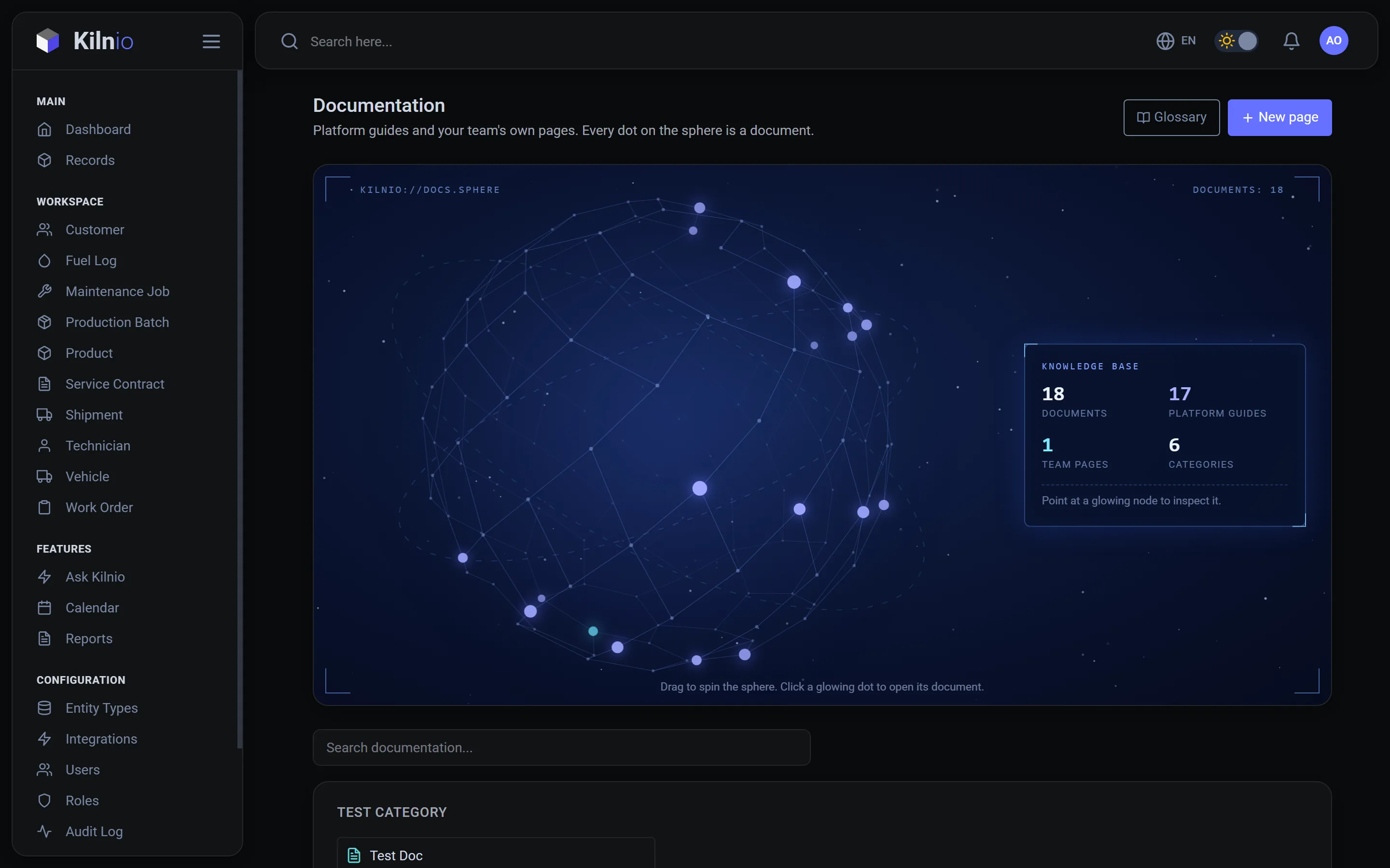 Kilnio documentation hub with interactive knowledge atom